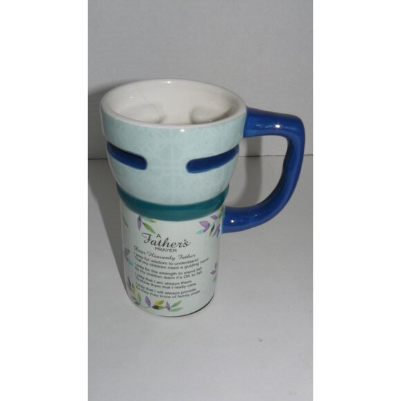 Rare A Fathers Prayer Ceramic Travel Mug With Blue Handle & Leaf Design SEE - Picture 1 of 6